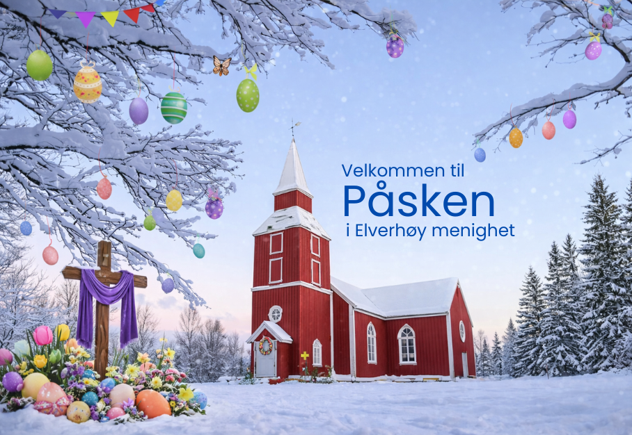 Vinterlig og påskepyntet rød kirke